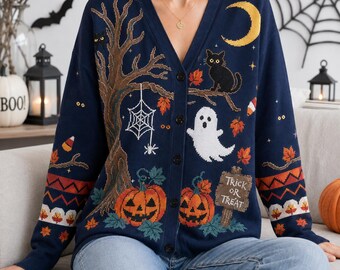 Gilet vintage d'Halloween, citrouilles, bonbons de maïs, pull fantôme effrayant, gilet d'automne, pull pour la saison des frissons, tenue pour Halloween