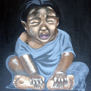Portrait ethnique 'Petit enfant en pleurs', peinture acrylique originale, Garçon, Fond noir, Emotions, Art mural, Décoration murale