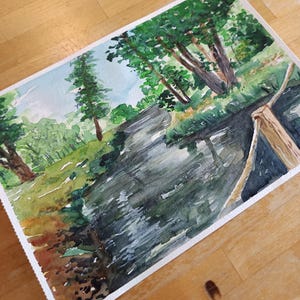 Original Aquarell, Flussufer, Wanddekoration, Landschaft, Natur, Wald, Fluss, Bäume