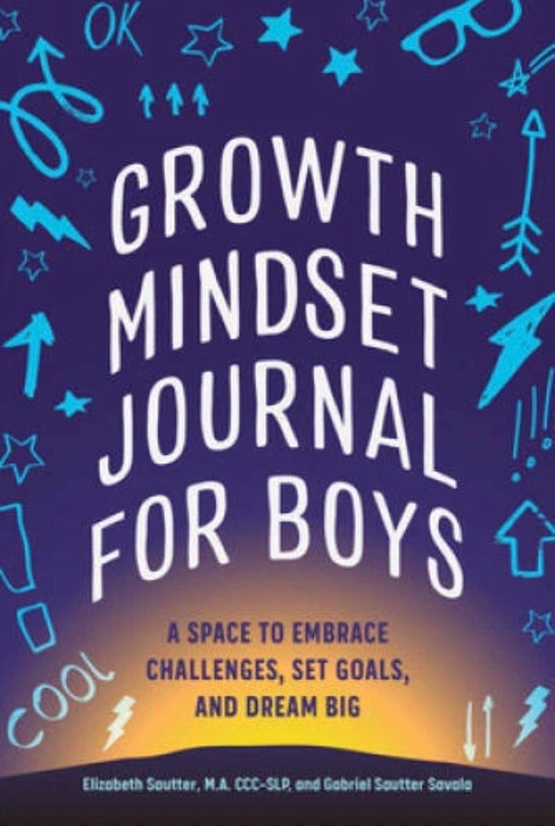 Cover of Growth Mindset Journal for Boys with bold lettering and playful doodle icons encouraging confidence, goal setting, and positive thinking.
