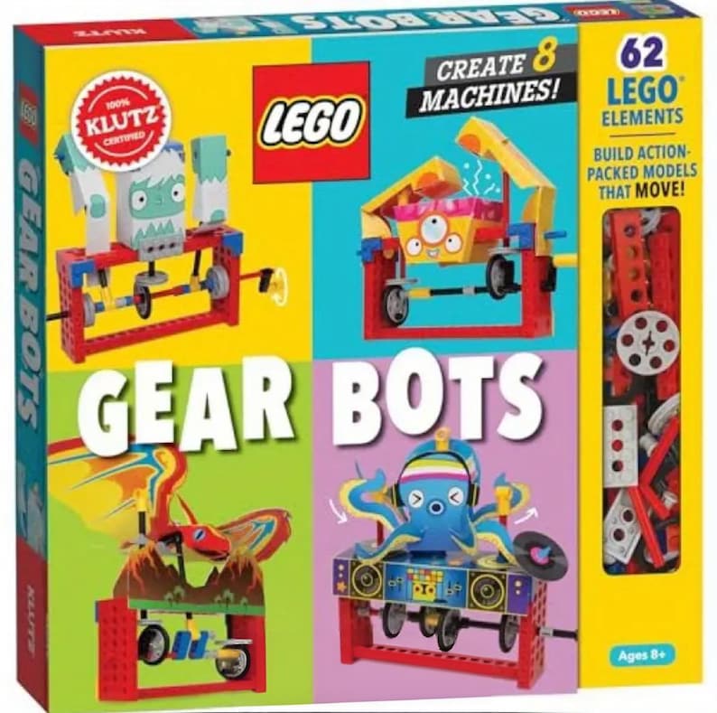 LEGO Gear Bots building kit box showing multiple colorful mechanical models that move, designed for creative STEM play.