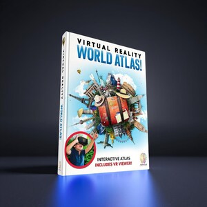 Virtual Reality World Atlas” children’s book with illustrated landmarks bursting from a globe and a VR viewer included.