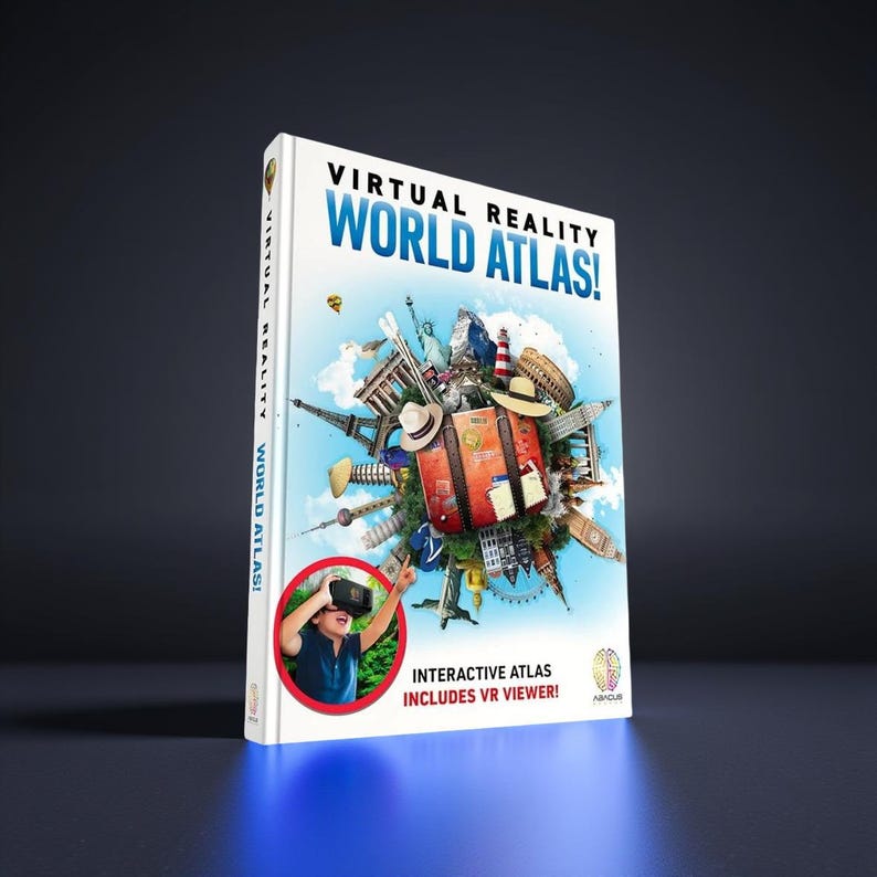 Virtual Reality World Atlas” children’s book with illustrated landmarks bursting from a globe and a VR viewer included.