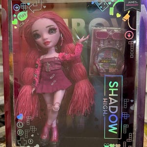 Shadow High fashion doll with long pink hair wearing a pink outfit, displayed in original packaging with accessories.