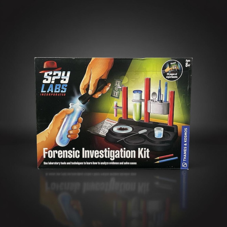 Spy Labs forensic investigation science kit with test tubes, tools, and lab equipment illustrated on the box for hands-on experiments.