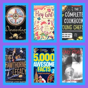 Collection of children’s and tween books including adventure stories, journals, cookbooks, and fun fact books displayed in a colorful grid.