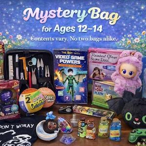 Song Sense Mystery Bag for ages 12–14 featuring a curated assortment of books, craft kits, blind box toys, slime items, plush characters, mini figures, accessories, and small games, displayed on a decorative floral background with the text “Mystery Bag for Ages 12–14. Contents vary. No two bags alike.”