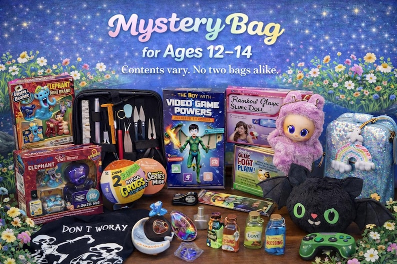 Song Sense Mystery Bag for ages 12–14 featuring a curated assortment of books, craft kits, blind box toys, slime items, plush characters, mini figures, accessories, and small games, displayed on a decorative floral background with the text “Mystery Bag for Ages 12–14. Contents vary. No two bags alike.”