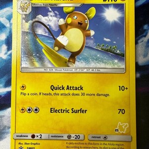Alolan Raichu Pokémon trading card showing Raichu surfing on its tail with electric-type moves listed below the artwork.