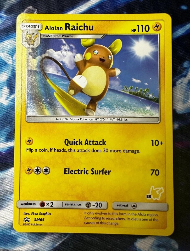 Alolan Raichu Pokémon trading card showing Raichu surfing on its tail with electric-type moves listed below the artwork.