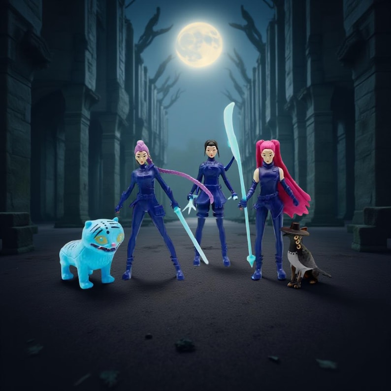 Three fantasy-style female action figures holding glowing weapons, standing in a moonlit stone corridor with two small creature companions.