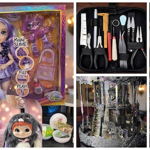 Collage featuring a purple-haired fashion doll set, precision tool kit, gothic carousel decor, spooky stitched doll, and novelty surprise items.