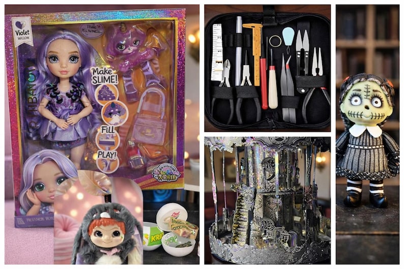 Collage featuring a purple-haired fashion doll set, precision tool kit, gothic carousel decor, spooky stitched doll, and novelty surprise items.