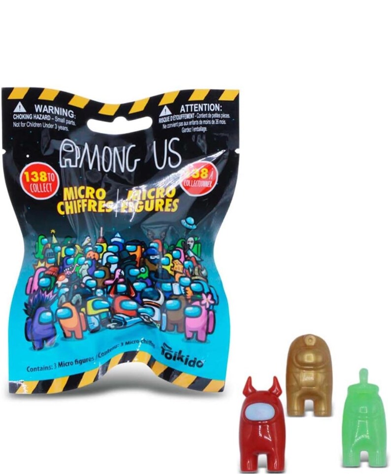 Among Us micro collectible figures with three small character figures shown next to sealed blind bag packaging.