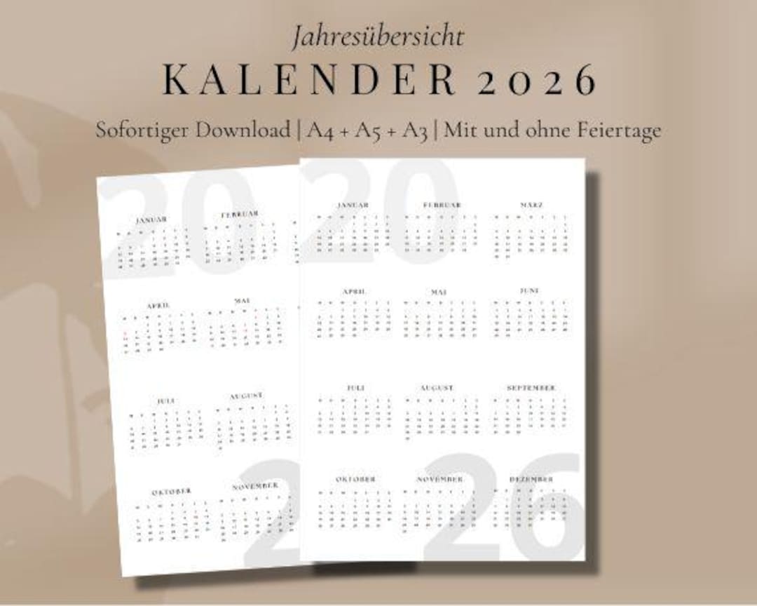 Kalender 2026 Hoch | A3 A4 A5 | Zum ausdrucken | Deutsch | Druckbarer