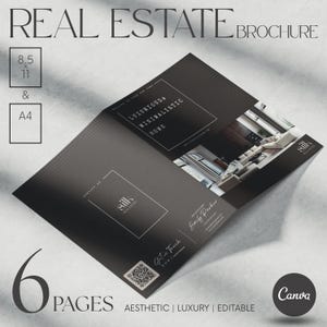 Könnte beinhalten: Eine schwarze Immobilienbroschüre mit dem Text "REAL ESTATE BROCHURE" oben. Die Broschüre ist geöffnet und zeigt den Text "LUXURIOUS & MINIMALISTIC HOME". Die Broschüre ist 21,59 x 27,94 cm und A4 groß. Die Broschüre hat 6 Seiten und den Text "AESTHETIC | LUXURY | EDITABLE".