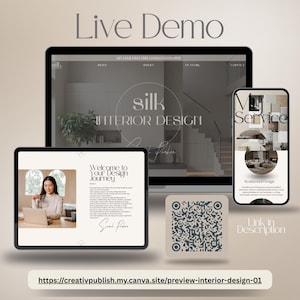May include: A digital display showcasing a website design for "Silk Interior Design" on a computer, tablet, and smartphone. The tablet displays "Welcome to Your Design Journey." A QR code and the text "Link in Description" are also visible.