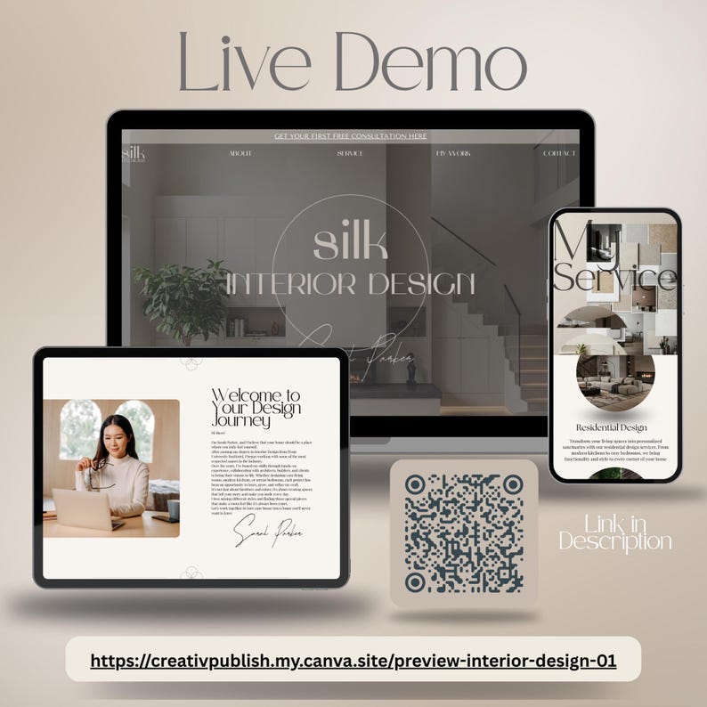 May include: A digital display showcasing a website design for "Silk Interior Design" on a computer, tablet, and smartphone. The tablet displays "Welcome to Your Design Journey." A QR code and the text "Link in Description" are also visible.