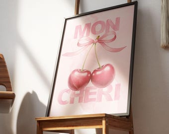 Impresión artística de lazo de cereza rosa, impresión artística de acuarela, póster femenino estético femenino para habitación de niñas, impresión artística de pared femenina, regalo rosa para ella