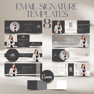 Könnte beinhalten: Acht E-Mail-Signaturvorlagen mit professionellem Design. Jede Vorlage zeigt ein Foto einer Frau in einem Blazer, Kontaktinformationen und den Text "HANNA COLE". Das Wort "Canva" ist ebenfalls sichtbar, zusammen mit dem Text "SELF EDIT IN CANVA".