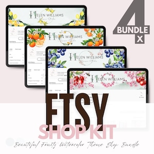 May include: Four Etsy shop kits with a watercolor theme featuring fruit designs. The kits include a lemon, orange, blueberry, and cherry design. Each kit has a header with the text "HELEN WILLIAMS Flower Studio" and a section for shop information.