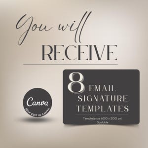 Pode incluir: Uma lista de produtos digitais para 8 modelos de assinatura de e-mail que podem ser editados no Canva. Os modelos t&ecirc;m 600 x 200 pixels e s&atilde;o escal&aacute;veis.