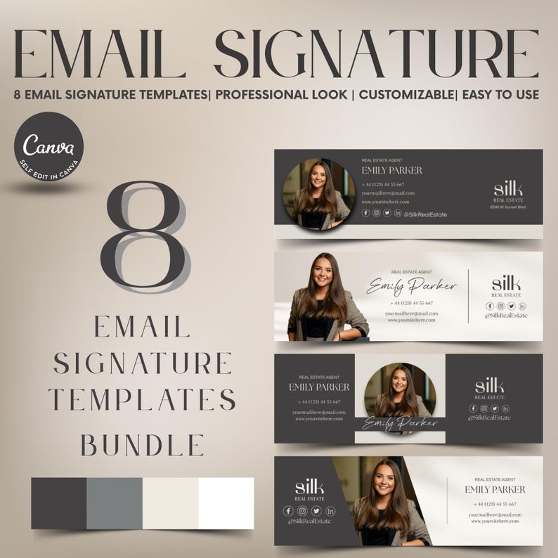 8 Minimalist email signature with circular profile photo, name, title, and social media icons, in soft beige tones.

8 Minimalistische E-Mail-Signatur mit rundem Profilfoto, Name, Titel und Social-Media-Icons in sanften Beigetönen