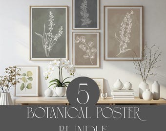 Paquete de 5 pósteres de arte lineal botánico, impresiones minimalistas de arte de pared imprimibles, decoración neutra moderna bohemia para el hogar, estilo rústico vintage de granja, acuarela.