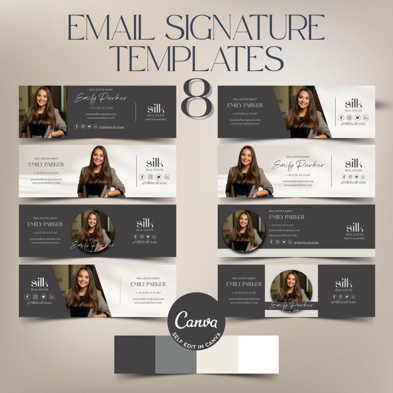 Bundle of 8 elegant email signature templates in neutral tones, customizable in Canva, ideal for real estate agents, freelancers, and entrepreneurs to enhance professional branding in Gmail.
A set of eight modern and professional email signature templates designed for use in Canva. 

Bundle mit 8 eleganten E-Mail-Signaturvorlagen in neutralen Farben, anpassbar in Canva, ideal für Immobilienmakler, Freelancer und Unternehmer zur professionellen Markenpräsentation in Gmail.