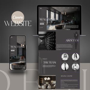 May include: A website mockup for a real estate agency. The website features a dark colour scheme with white text and images. The website includes sections for about us, meet the team, and selling a home.