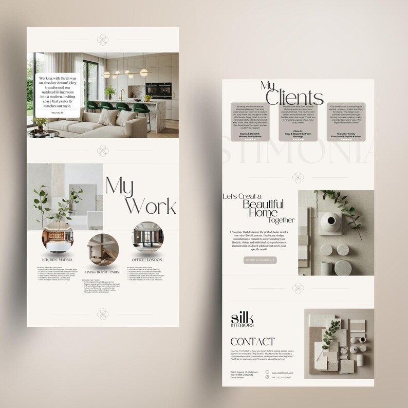 Customizable Canva website design for interior decorators and design studios – Drag and drop editor.