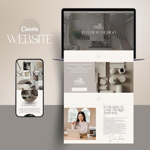 Puede incluir: Un portátil y un smartphone que muestran el diseño de un sitio web para "Silk Interior Design". El sitio web presenta una paleta de colores neutros con imágenes de espacios interiores. El smartphone muestra "My Service" y "Residential Design."