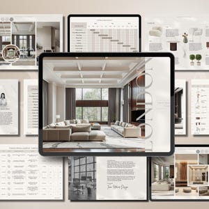 May include: A digital magazine spread showcasing interior design ideas for a modern living room. The magazine features a large, open-plan living space with a neutral color palette, a large sectional sofa, and a fireplace. The magazine also includes a detailed floor plan and a schedule for the design project.