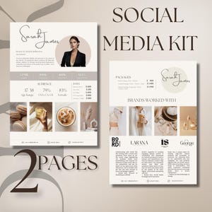 Könnte beinhalten: Ein Social-Media-Kit für eine Beauty- und Lifestyle-Influencerin namens Sarah James. Das Kit enthält Informationen über ihr Publikum, ihre Preise, ihre Pakete und die Marken, mit denen sie zusammengearbeitet hat. Das Kit zeichnet sich durch ein minimalistisches Design mit einer neutralen Farbpalette aus.