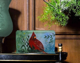 Cremation Urn Red Cardinal Hand Painted with fireflies lightning bugs- for cremation and memorial. Ready to ship