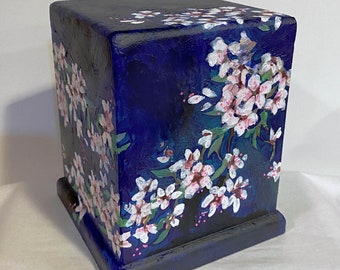 Cherry Blossom Floral Hand Painted Urn - for human cremation ashes and memorial - small keepsake size for human or pet. Ready to ship