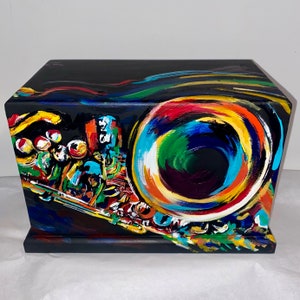Made to order Bold Saxophone wooded cremation Urn honor drummer hand painted for human cremation ashes made in USA for up to 265 lb person image 8