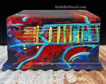 Cremation Urn with electric Guitar musician Hand Painted Urn - for cremation and memorial. Bold neon electric for human ashes -ready to ship