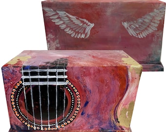 Pink Guitar and Angel WIngs Hand Painted cremation Urn - for cremation and memorial. - Ready to ship