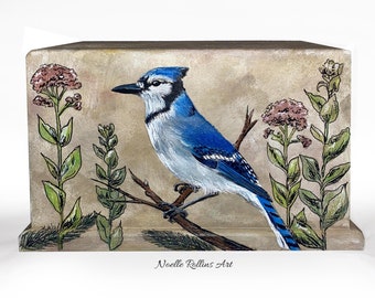 Cremation Urn Blue Jay Hand Painted and drawn Urn - for cremation and memorial human ashes.