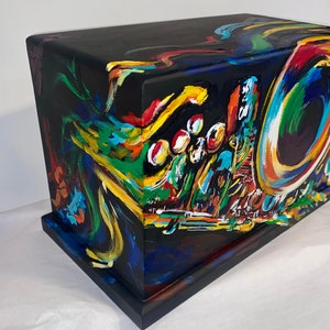 Made to order Bold Saxophone wooded cremation Urn honor drummer hand painted for human cremation ashes made in USA for up to 265 lb person image 7