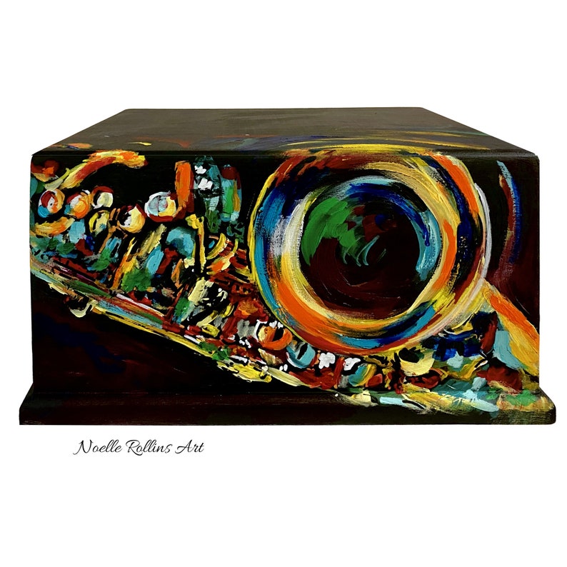 Made to order Bold Saxophone wooded cremation Urn honor drummer hand painted for human cremation ashes made in USA for up to 265 lb person image 2