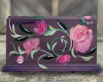 Floral Hand Painted wooden Urn - for human cremation ashes and memorial. custom urn for cat dog or human