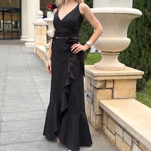 Linen Two Piece Set Top And Skirt Set Linen Skirt Set Linen Summer Clothes Women Linen Set Wrap Linen Set Linen Suit Black Ruffle XXL Set