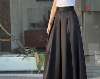 Handmade Skirt - Cotton Sateen Black Pleated Full-Length : High Waist, Maxi, Elegant, Flowy, Vintage Skirt Size XS-5XL