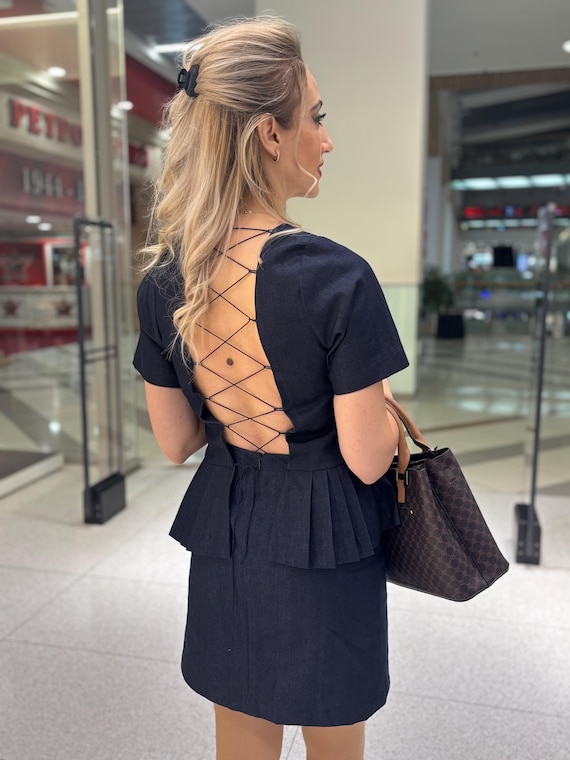 Custom Denim Two-piece Set:skirt А-line,slit. Vest With Buttons at the Front and Adjustable Silhouette With Ties at the Back,peplum. XS-5XL