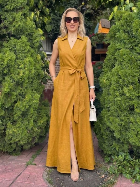 mustard a line dress Firerie Women's Elegant Minimalist Summer Beach Holiday Mustard Yellow  Pleated Textured Fabric Spaghetti Strap Long A-Line Dress