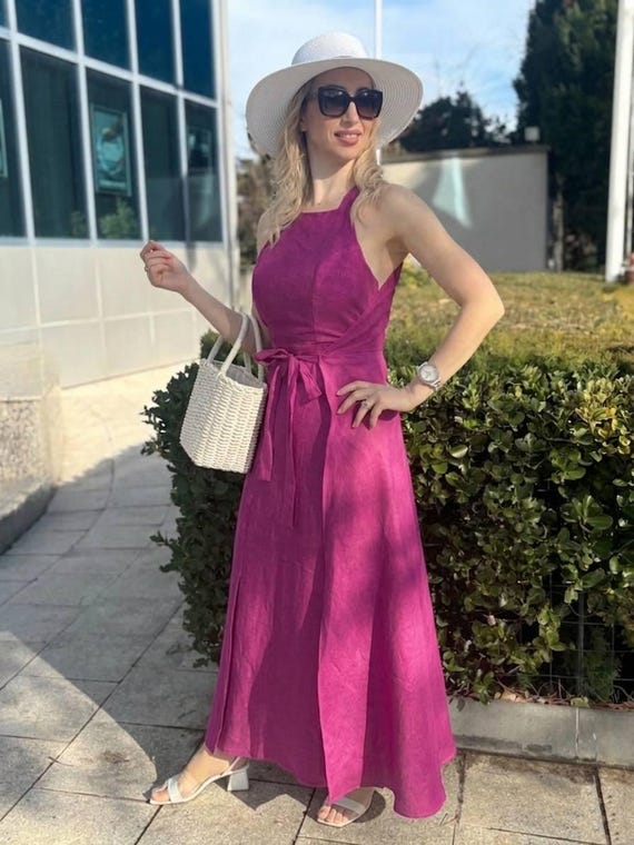 halter plus size wrap dress Handmade Magenta Linen Boho Maxi Dress: Neckline, Maxi Summer Size XS-5XL full shape hood