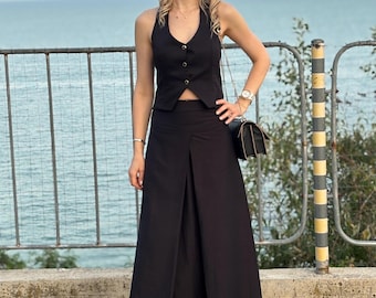 Women's Cotton Satin Skirt, Pleated Black Skirt Summer Maxi Skirt, Plus Size Skirt Full Length Skirt Elegant Black Skirt Long A-Line Skirt