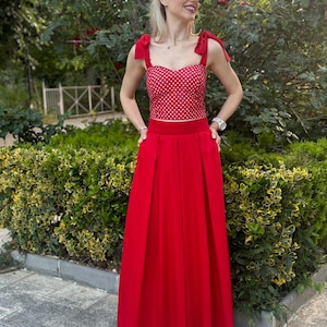 Red Skirt  Long Maxi Skirt Summer Skirt Elegant Skirt Wedding Guest Skirt Vintage Skirt Pleated Skirt High-Waisted Skirt Elastic Waist Skirt